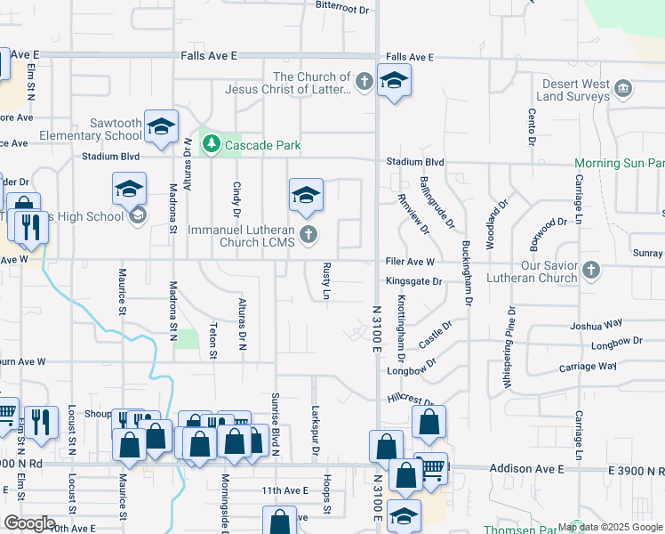 map of restaurants, bars, coffee shops, grocery stores, and more near 2130 Filer Avenue East in Twin Falls
