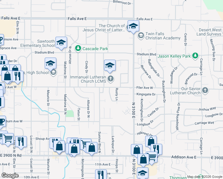 map of restaurants, bars, coffee shops, grocery stores, and more near 2011 Oakwood Drive in Twin Falls