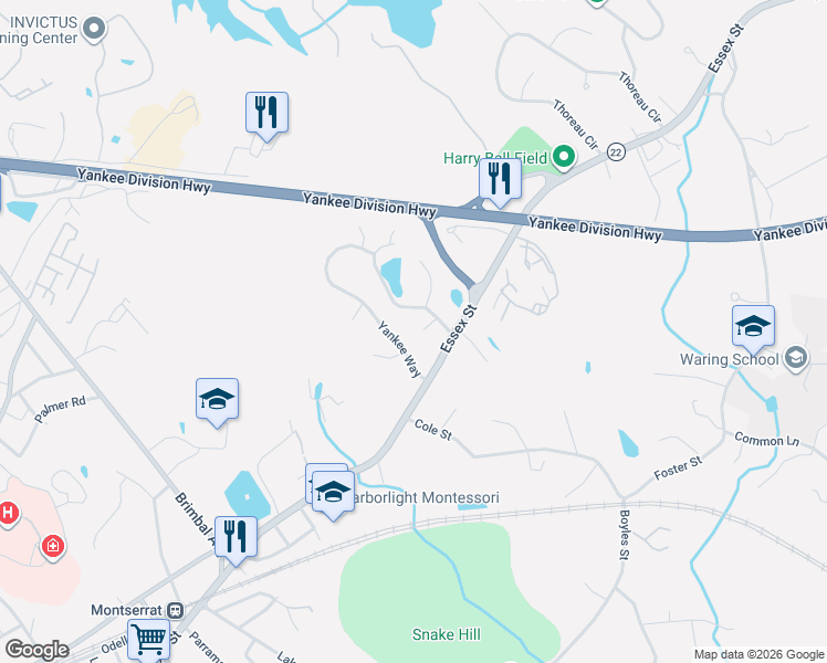 map of restaurants, bars, coffee shops, grocery stores, and more near 5 Marjorie Way in Beverly