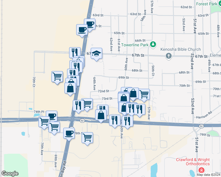 map of restaurants, bars, coffee shops, grocery stores, and more near 6122 72nd Street in Kenosha