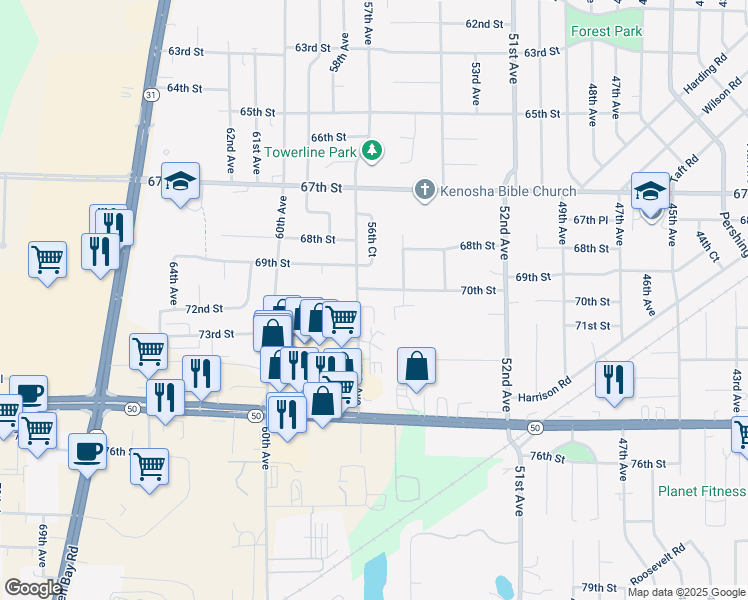 map of restaurants, bars, coffee shops, grocery stores, and more near 5631 70th Street in Kenosha