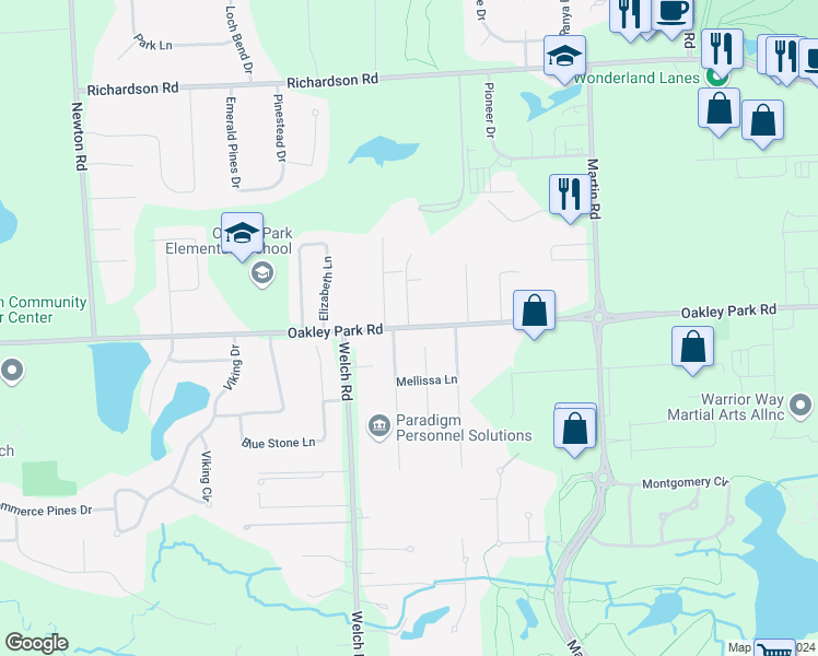 map of restaurants, bars, coffee shops, grocery stores, and more near Oakley Park Road in Commerce Charter Township