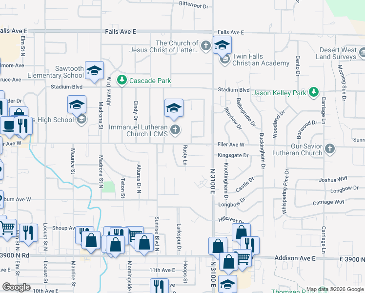 map of restaurants, bars, coffee shops, grocery stores, and more near 2011 Oakwood Drive in Twin Falls