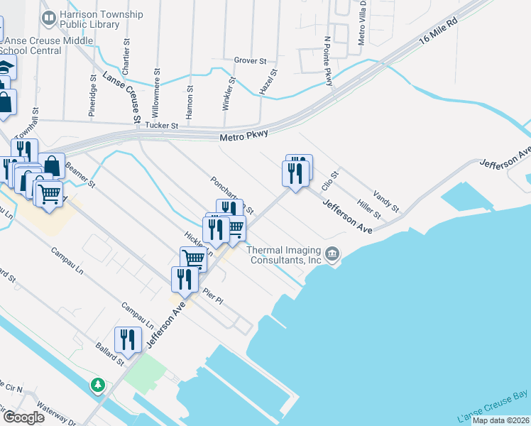 map of restaurants, bars, coffee shops, grocery stores, and more near 36784 Jefferson Avenue in Harrison Township