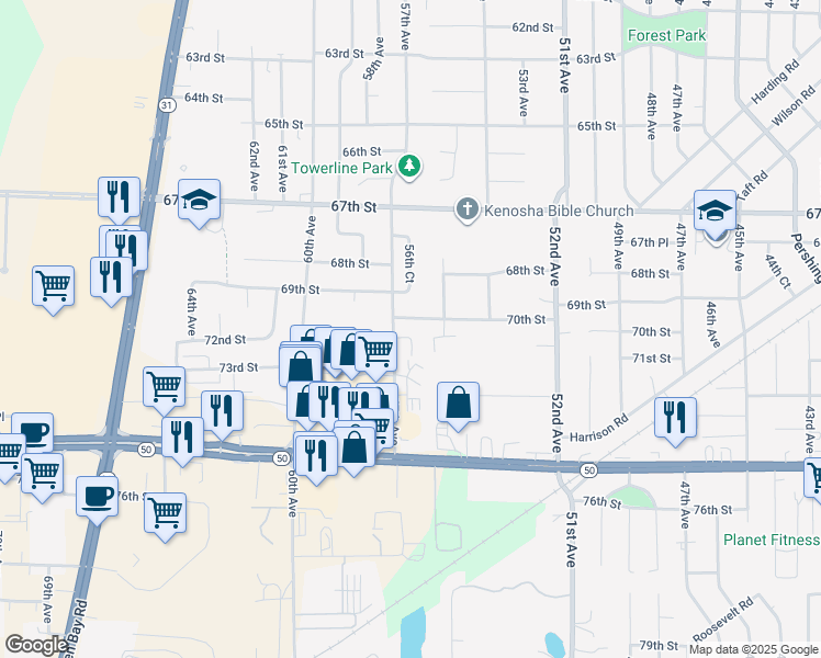map of restaurants, bars, coffee shops, grocery stores, and more near 5631 70th Street in Kenosha