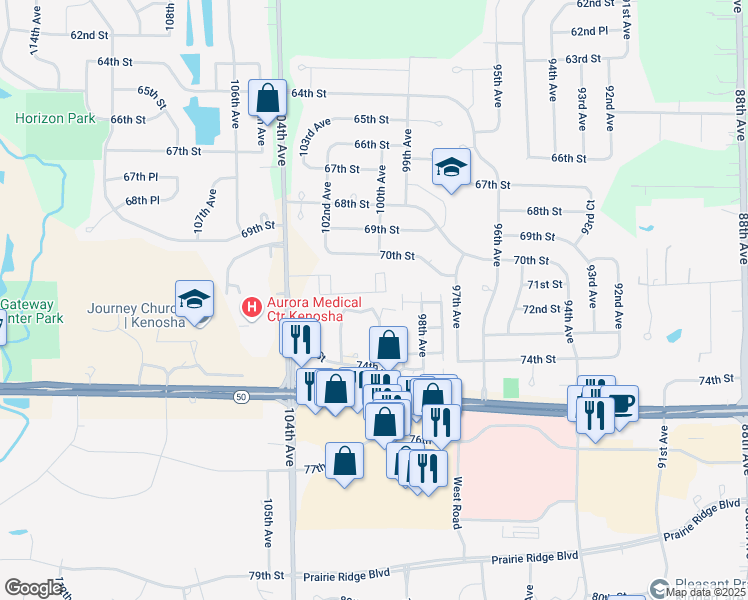 map of restaurants, bars, coffee shops, grocery stores, and more near 7111 104th Avenue in Kenosha