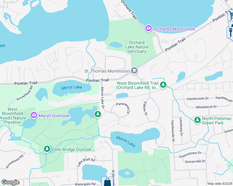 map of restaurants, bars, coffee shops, grocery stores, and more near 4932 Browning Drive in West Bloomfield Township