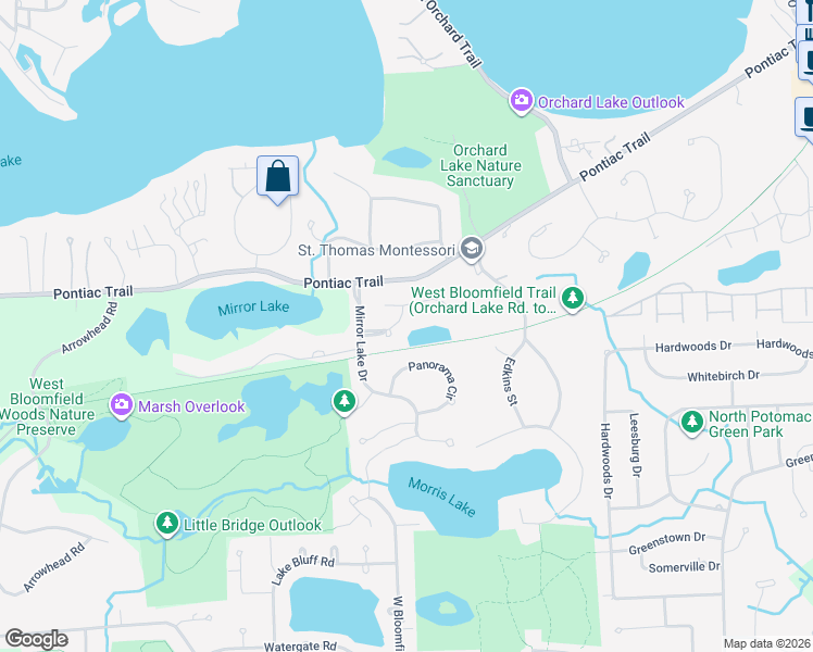 map of restaurants, bars, coffee shops, grocery stores, and more near 4932 Browning Drive in West Bloomfield Township