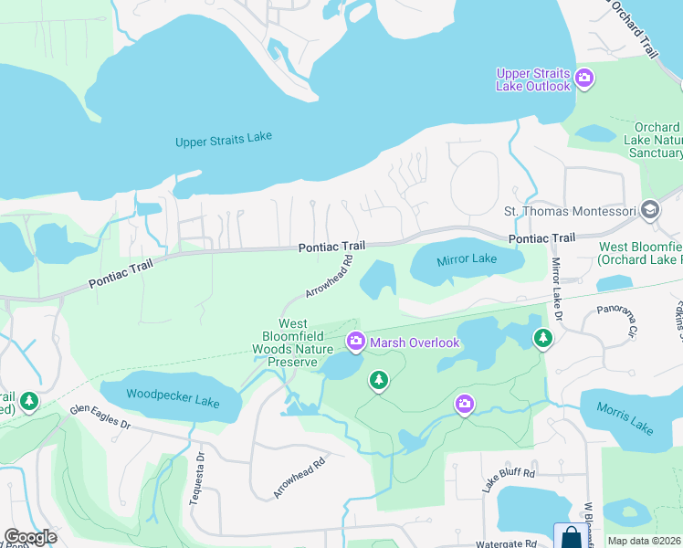map of restaurants, bars, coffee shops, grocery stores, and more near 4545 Arrowhead Road in West Bloomfield Township
