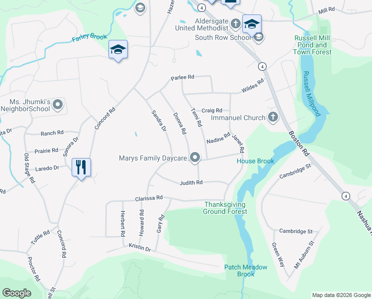 map of restaurants, bars, coffee shops, grocery stores, and more near 23 Donna Road in Chelmsford
