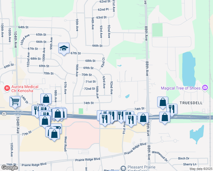 map of restaurants, bars, coffee shops, grocery stores, and more near 7120 93rd Avenue in Kenosha