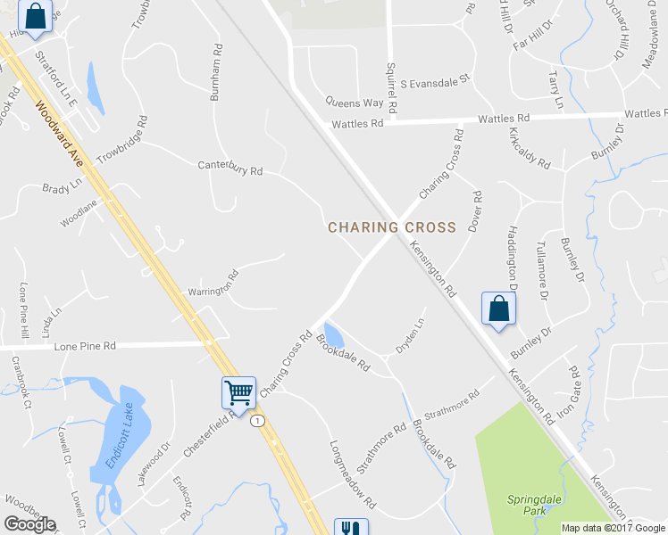 map of restaurants, bars, coffee shops, grocery stores, and more near 4850 Charing Cross Road in Bloomfield Hills