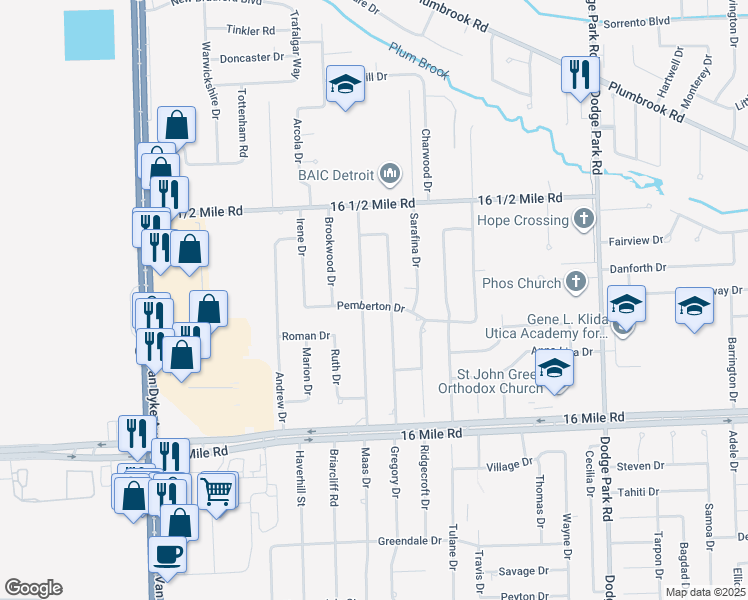 map of restaurants, bars, coffee shops, grocery stores, and more near 37554 Maas Drive in Sterling Heights