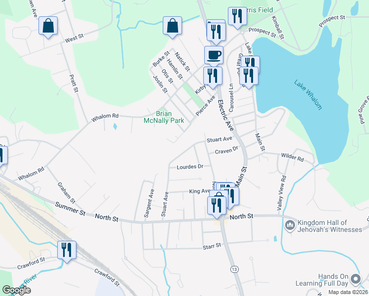 map of restaurants, bars, coffee shops, grocery stores, and more near 137 Stuart Avenue in Leominster