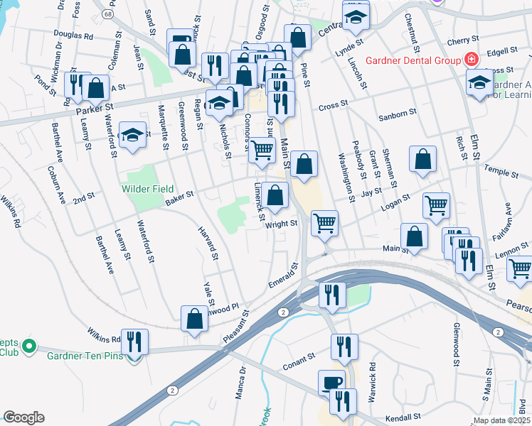 map of restaurants, bars, coffee shops, grocery stores, and more near 70 Limerick Street in Gardner