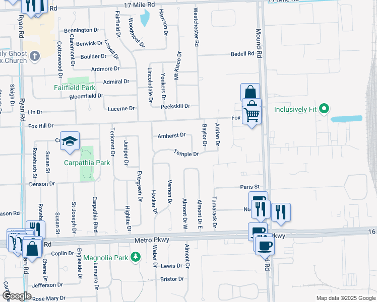 map of restaurants, bars, coffee shops, grocery stores, and more near 5070 Temple Drive in Sterling Heights