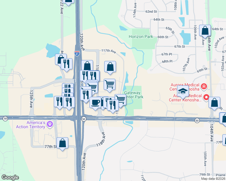 map of restaurants, bars, coffee shops, grocery stores, and more near 7145 120th Avenue in Kenosha