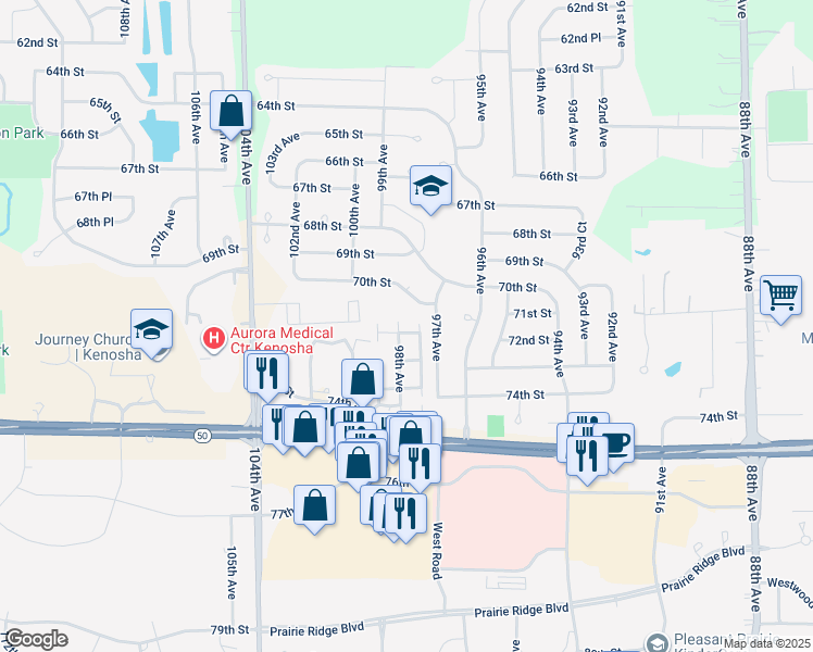 map of restaurants, bars, coffee shops, grocery stores, and more near 7107 98th Avenue in Kenosha