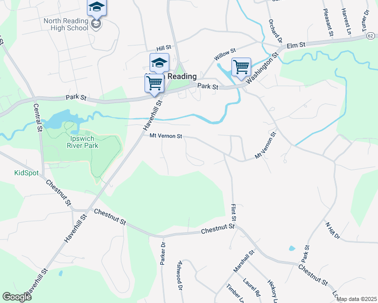 map of restaurants, bars, coffee shops, grocery stores, and more near 50 Mount Vernon Street in North Reading