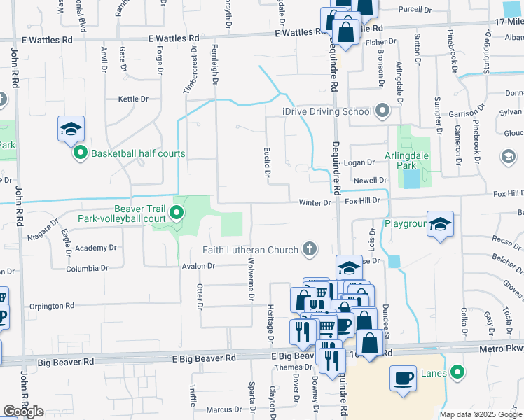 map of restaurants, bars, coffee shops, grocery stores, and more near 3410 Wolverine Drive in Troy