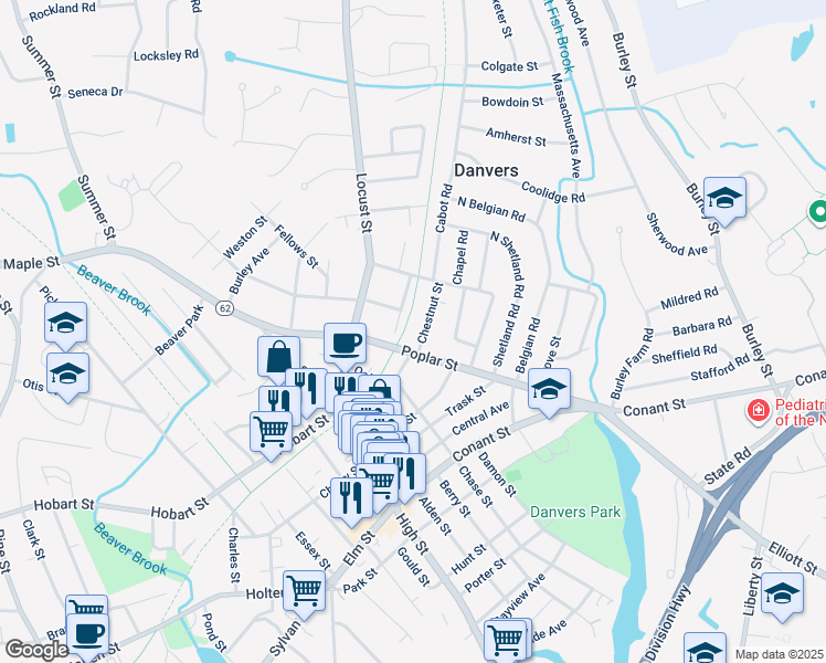 map of restaurants, bars, coffee shops, grocery stores, and more near 42 Poplar Street in Danvers