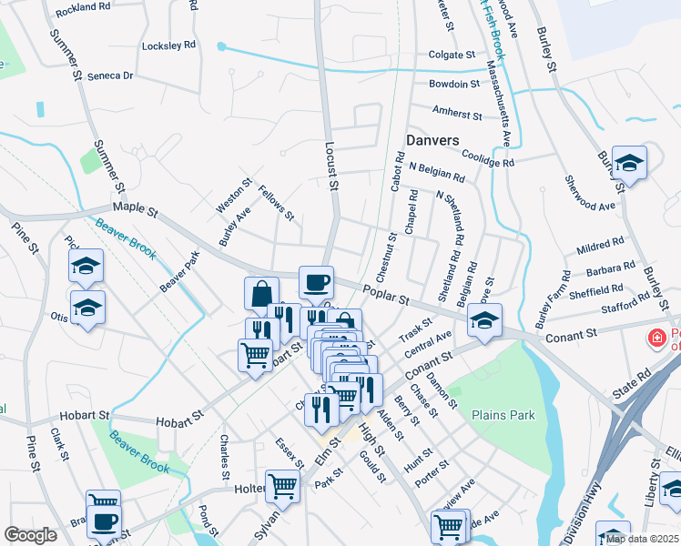map of restaurants, bars, coffee shops, grocery stores, and more near 29 Poplar Street in Danvers