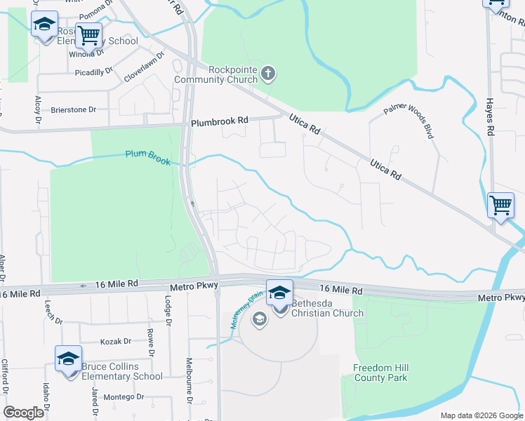 map of restaurants, bars, coffee shops, grocery stores, and more near 37059 Bradford Drive in Sterling Heights