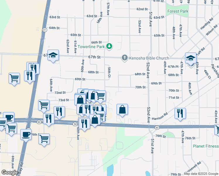 map of restaurants, bars, coffee shops, grocery stores, and more near 5631 70th Street in Kenosha