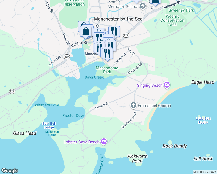 map of restaurants, bars, coffee shops, grocery stores, and more near 9 Proctor Street in Manchester-by-the-Sea