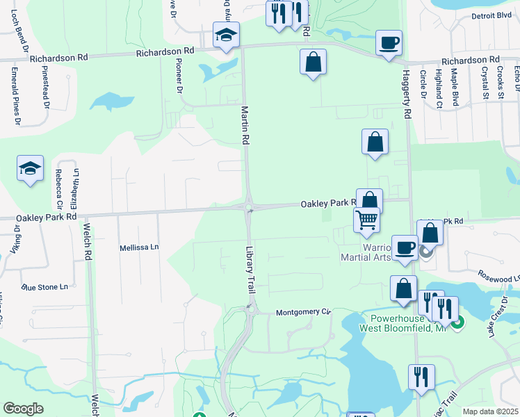 map of restaurants, bars, coffee shops, grocery stores, and more near Oakley Park Road in Commerce Charter Township