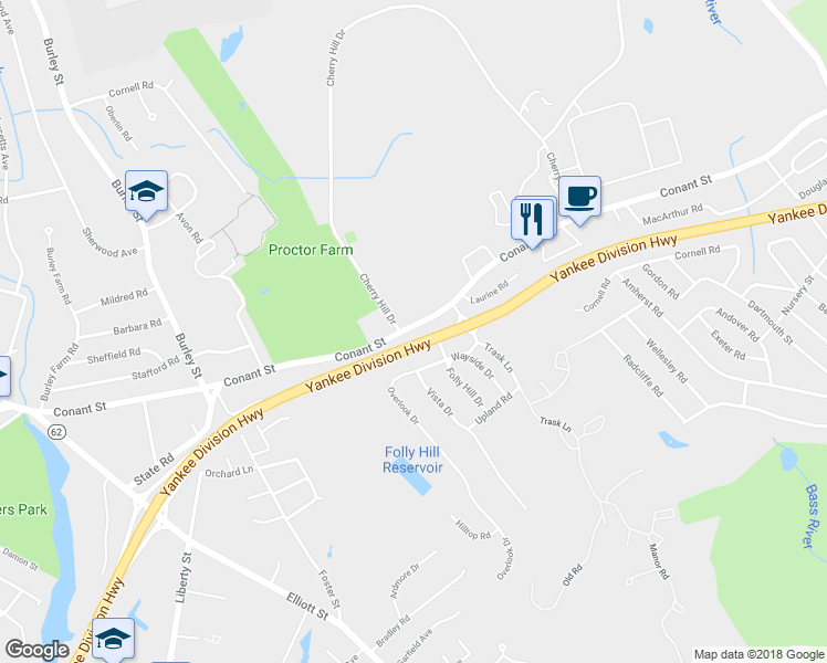 map of restaurants, bars, coffee shops, grocery stores, and more near 201 Conant Street in Danvers