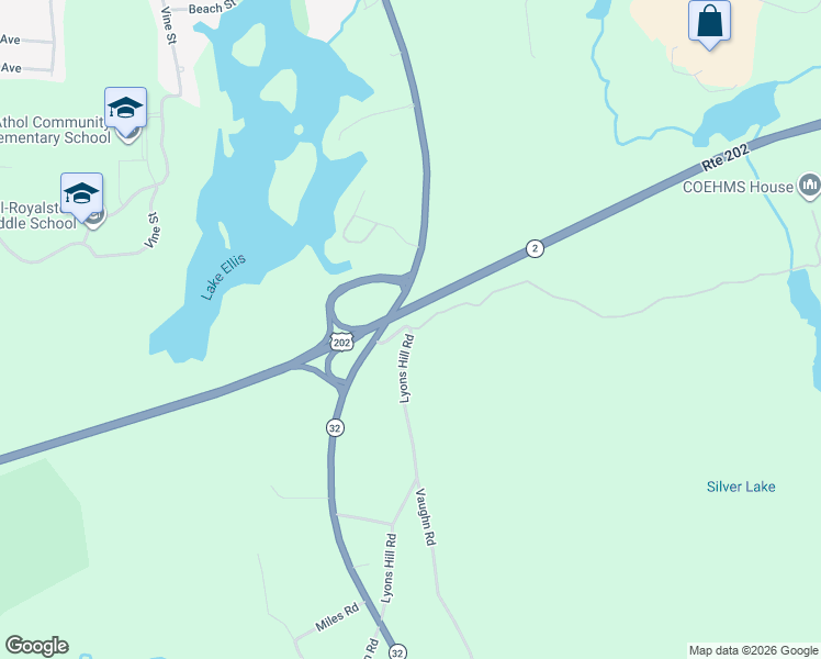 map of restaurants, bars, coffee shops, grocery stores, and more near 109 Lyons Hill Road in Athol