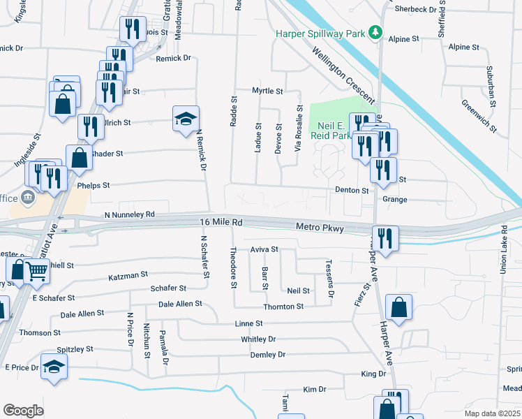 map of restaurants, bars, coffee shops, grocery stores, and more near 23337-23931 Metropolitan Parkway in Charter Township of Clinton
