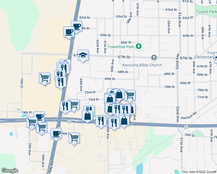 map of restaurants, bars, coffee shops, grocery stores, and more near 7004 60th Avenue in Kenosha