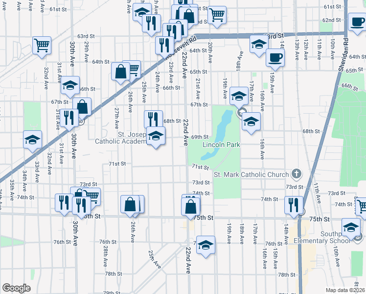 map of restaurants, bars, coffee shops, grocery stores, and more near 6920 22nd Avenue in Kenosha