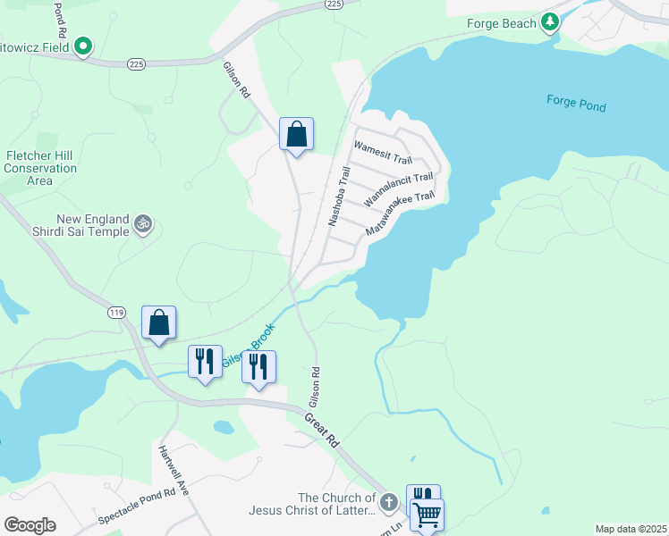 map of restaurants, bars, coffee shops, grocery stores, and more near 19 Matawanakee Trail in Littleton