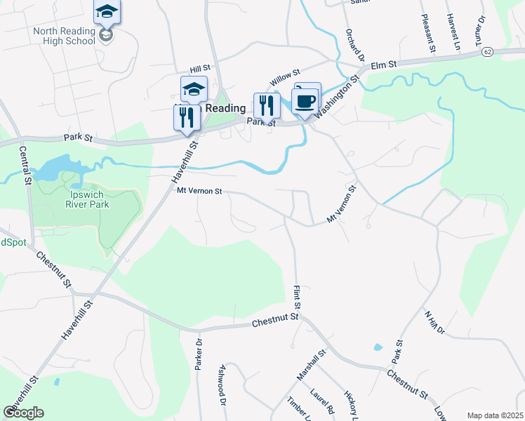 map of restaurants, bars, coffee shops, grocery stores, and more near 36 Mount Vernon Street in North Reading