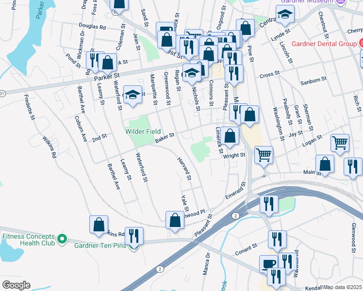 map of restaurants, bars, coffee shops, grocery stores, and more near 138 Greenwood Street in Gardner