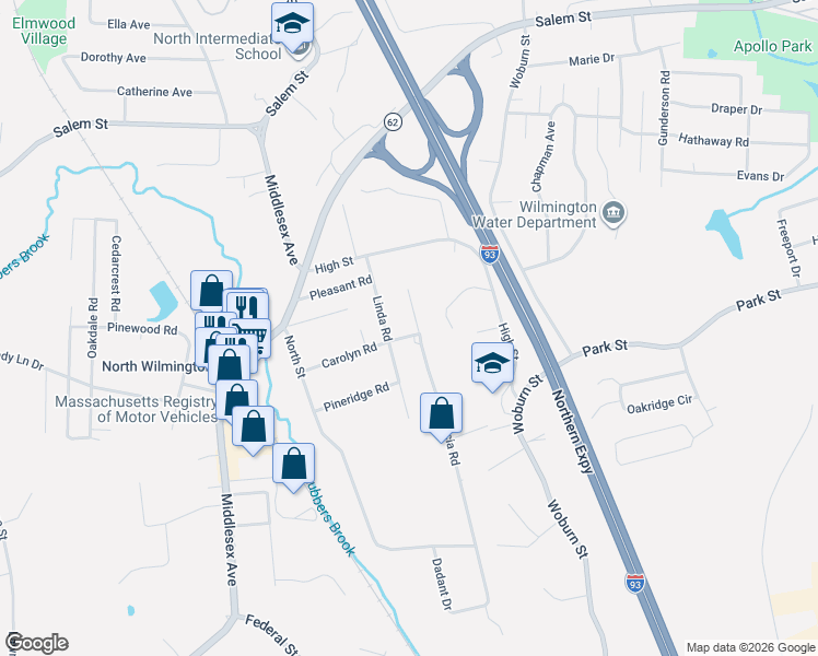 map of restaurants, bars, coffee shops, grocery stores, and more near 44 Marcia Road in Wilmington