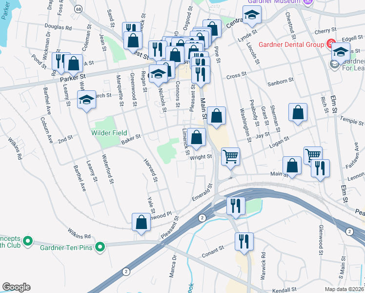 map of restaurants, bars, coffee shops, grocery stores, and more near 99 Vaughn Street in Gardner