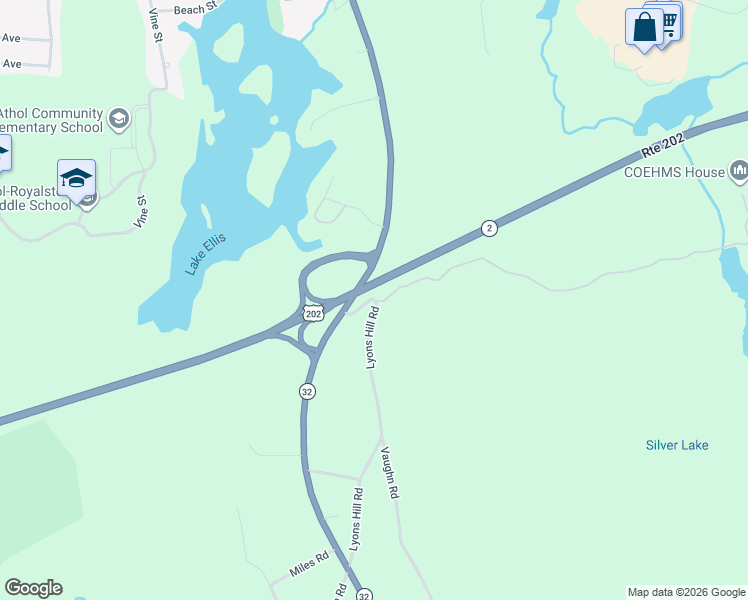 map of restaurants, bars, coffee shops, grocery stores, and more near 109 Lyons Hill Road in Athol