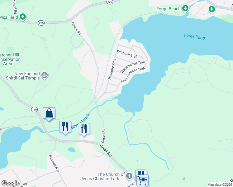 map of restaurants, bars, coffee shops, grocery stores, and more near 25 Matawanakee Trail in Littleton