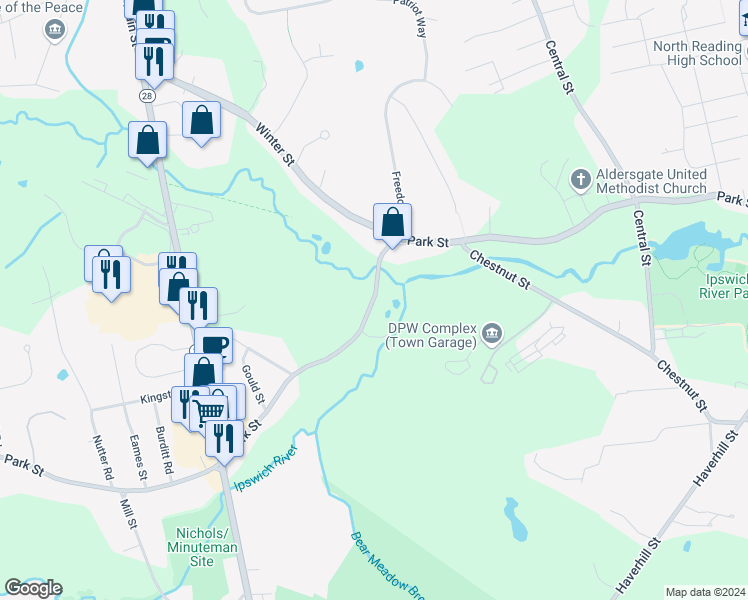 map of restaurants, bars, coffee shops, grocery stores, and more near 290 Park Street in North Reading