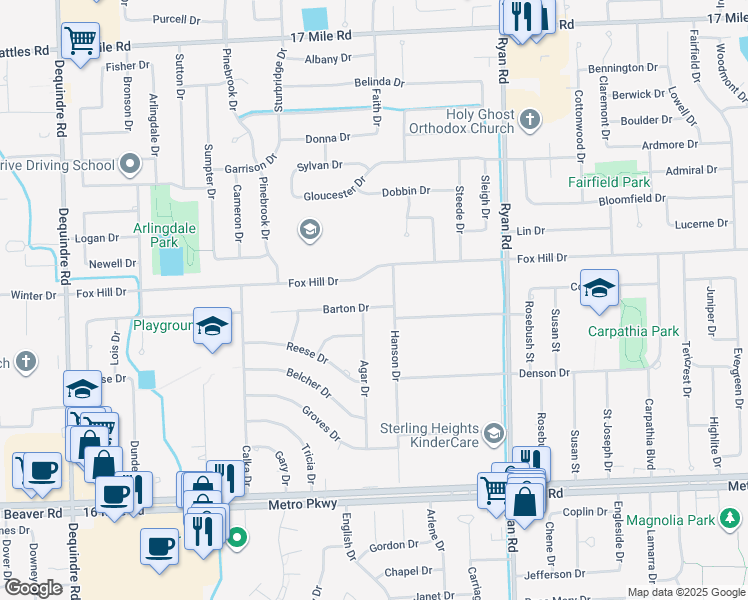 map of restaurants, bars, coffee shops, grocery stores, and more near 3204 Barton Drive in Sterling Heights