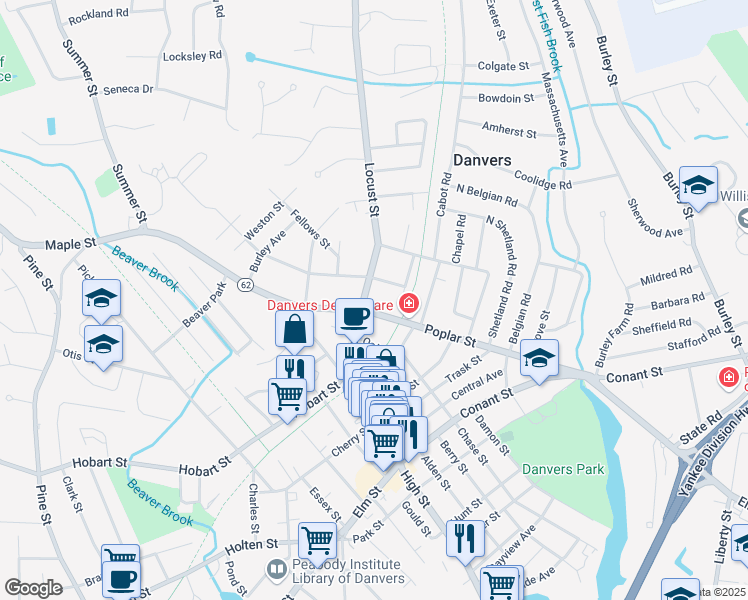 map of restaurants, bars, coffee shops, grocery stores, and more near 29 Poplar Street in Danvers