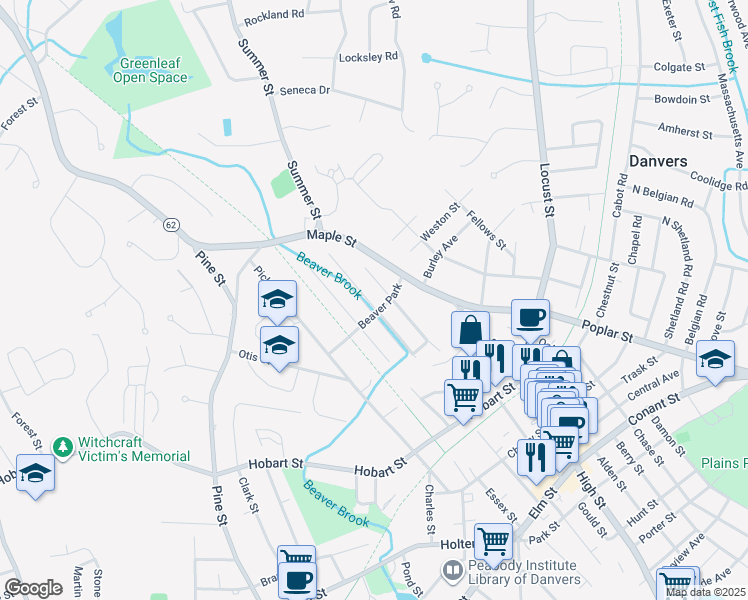 map of restaurants, bars, coffee shops, grocery stores, and more near 23 Brookside Avenue in Danvers
