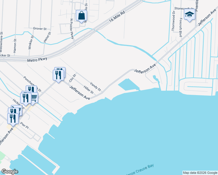 map of restaurants, bars, coffee shops, grocery stores, and more near 37400 Jefferson Avenue in Harrison Township