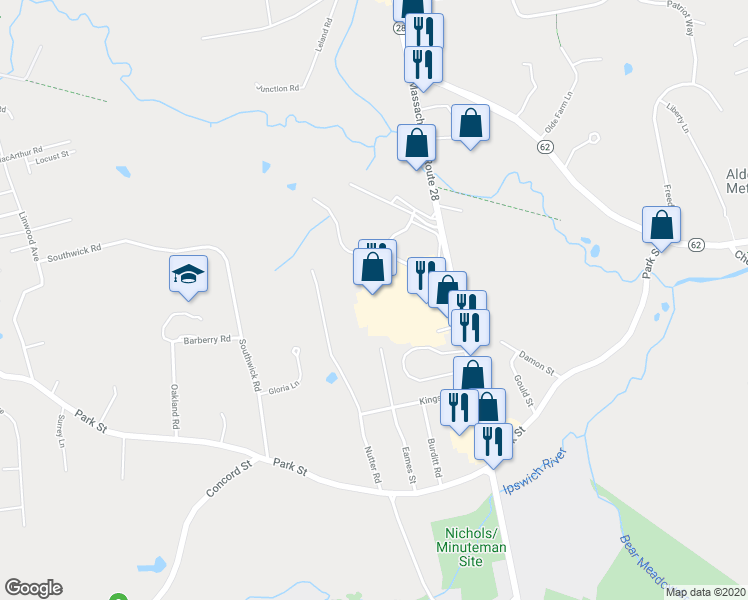 map of restaurants, bars, coffee shops, grocery stores, and more near 72 Main Street in North Reading
