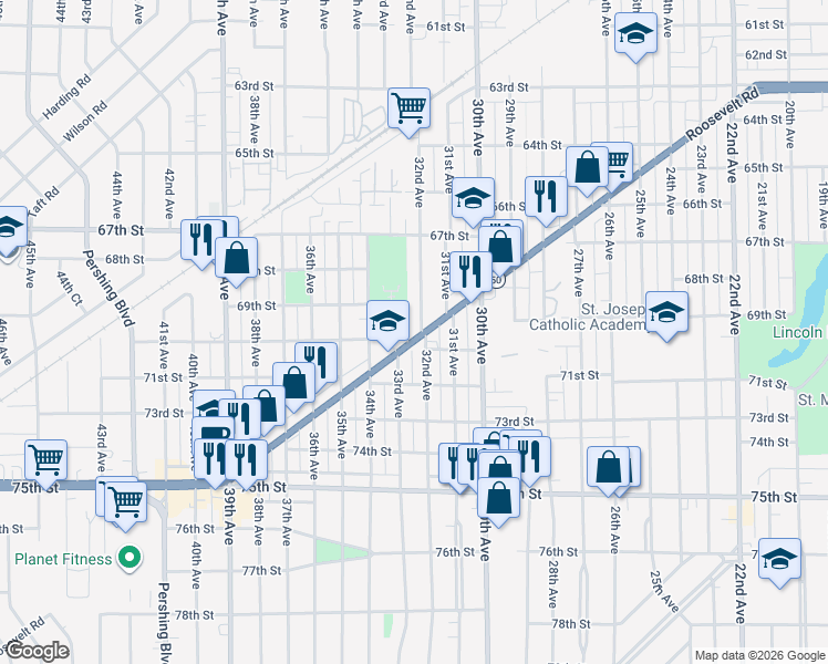 map of restaurants, bars, coffee shops, grocery stores, and more near 7005 32nd Avenue in Kenosha