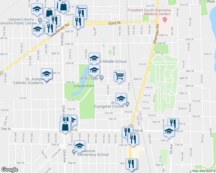 map of restaurants, bars, coffee shops, grocery stores, and more near 1600 69th Street in Kenosha